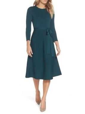 Eliza J Teal Long-Sleeve Midi Fit-and-Flare Dress with Waist Tie